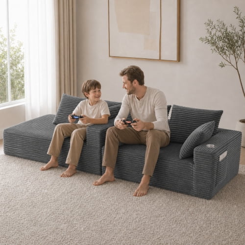 95" Modular L-Shaped Sectional Sofa with Chaise Lounge, 4-Seater Convertible Sofa Bed, Plush Corduroy Upholstery, Spring Pack Cushions, Wide Armrests with Side Pocket, Gray
