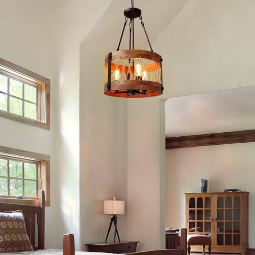 Shine Decor 3-Light Farmhouse Drum Chandelier for Dining Room, 83.5" Height Adjustable, French Country Rustic Style with - Rope for Kitchen Foyer Living Room Entryway