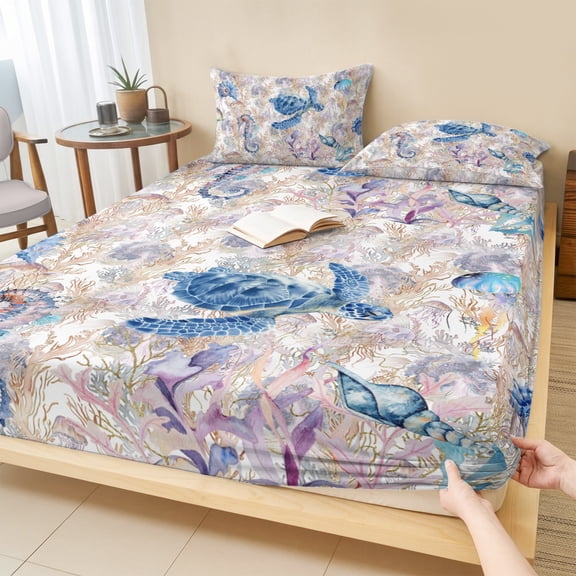 Full Size Fitted Sheet Set - Sea Turtle 3 Piece Bedding Sets 16" Deep Pocket Fitted Sheet with 2 Pillowcases Summer Coastal Nautical Coral Seahorse Brushed Microfiber Hotel Luxury Bed Sheets