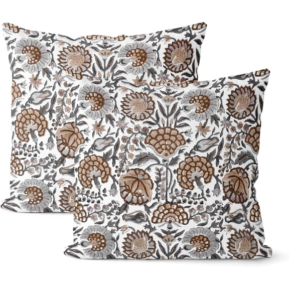 Boho Brown Pillow Covers 20x20 Inch 2 Pcs Grey Gray Black Vintage Floral Decor Throw Pillows Spring Flower Fall Outdoor Farmhouse Decoration Pillowcase Cushion Cover for Couch Sofa Bed