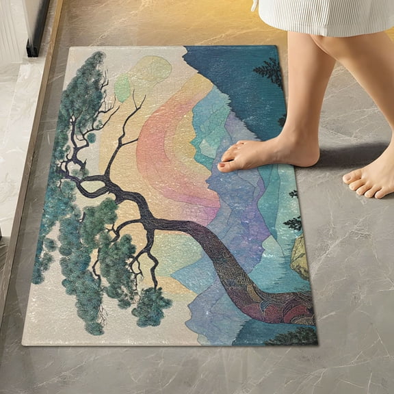 Yayeee Bath Rug for Bathroom Floor Non Slip Rectangle Fluffy Soft Absorbent Mat, 16"x24", Pine Tree Rainbow