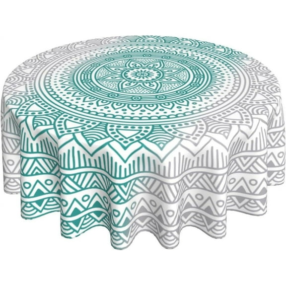 Teal Grey Boho Round Tablecloth 60 Inch Modern Mandala Art Turquoise Table Clothes Rustic Ombre Waterproof Reusable Circle Table Cover for Picnic Party Dining Room Home Decor