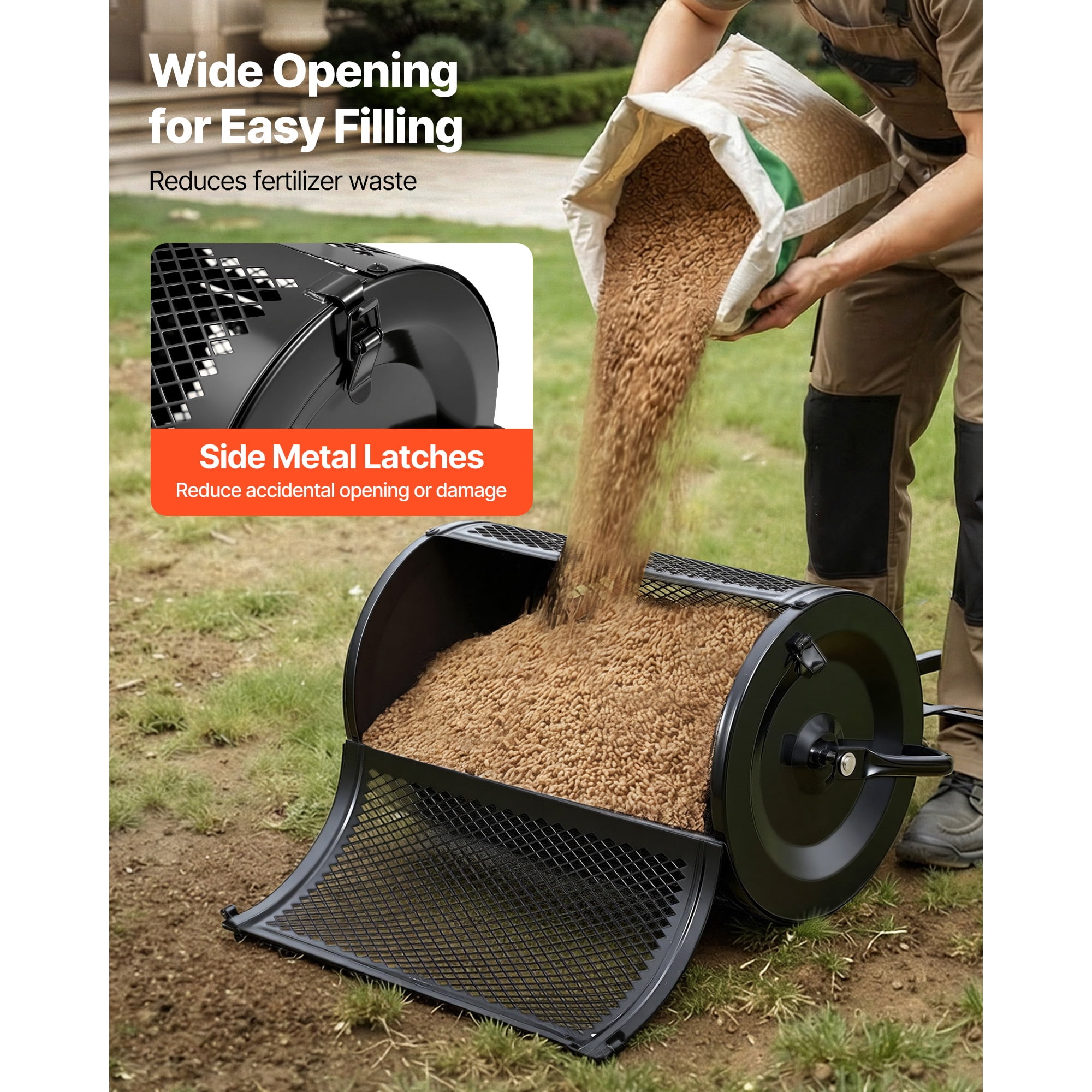 KFFKFF 24" Wide Compost Spreader with Adjustable Handle and Brush, Durable Steel Roller for Garden Planting and Seeding