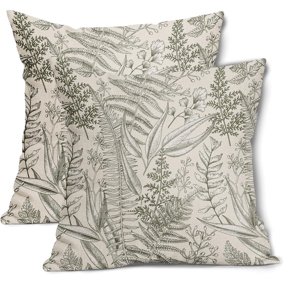 Olive Green Leaf Plant Pillow Covers 20X20 Inch Herbs Botanical Fern Vintage Leaves Floral Decorative Pillow Cases Set of 2 Cotton Linen Throw Pillows Farmhouse Home Decor For Sofa Couch Outdoor