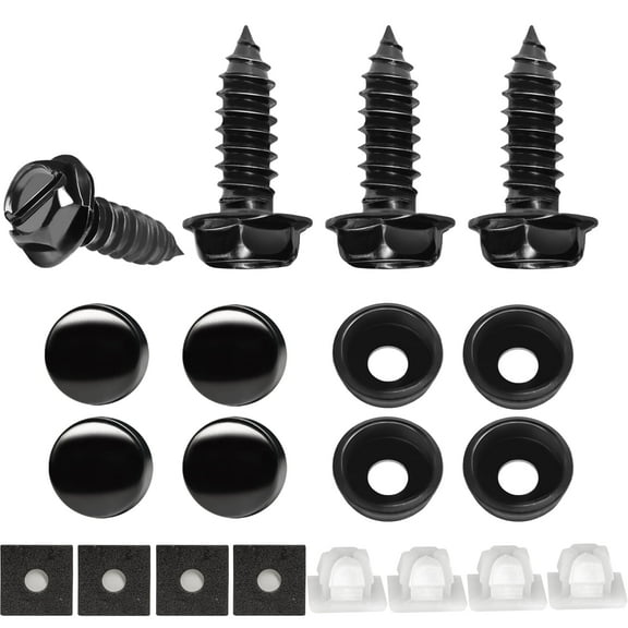Anley 4 Pack License Plate Screws Kit with Rustproof Finish & Noise-Free Design - Stainless Steel Car Tag Frame Mounting Bolts with Foam Pads & Screw Covers - 1/4 Inch Universal Fit