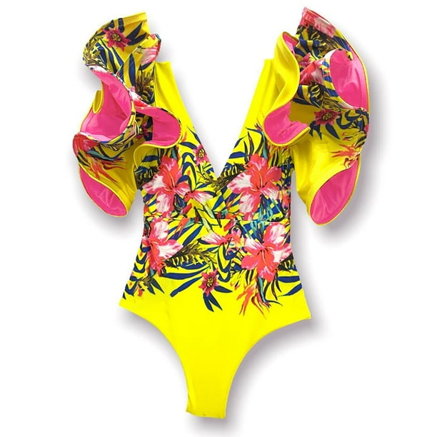 2022 nuevo traje de baño Sexy de una pieza con estampado Floral y volantes, traje de baño con hombros descubiertos para mujer, ropa de playa sólida con escote en V profundo, traje de baño Monkini Tan Jianjun unisex