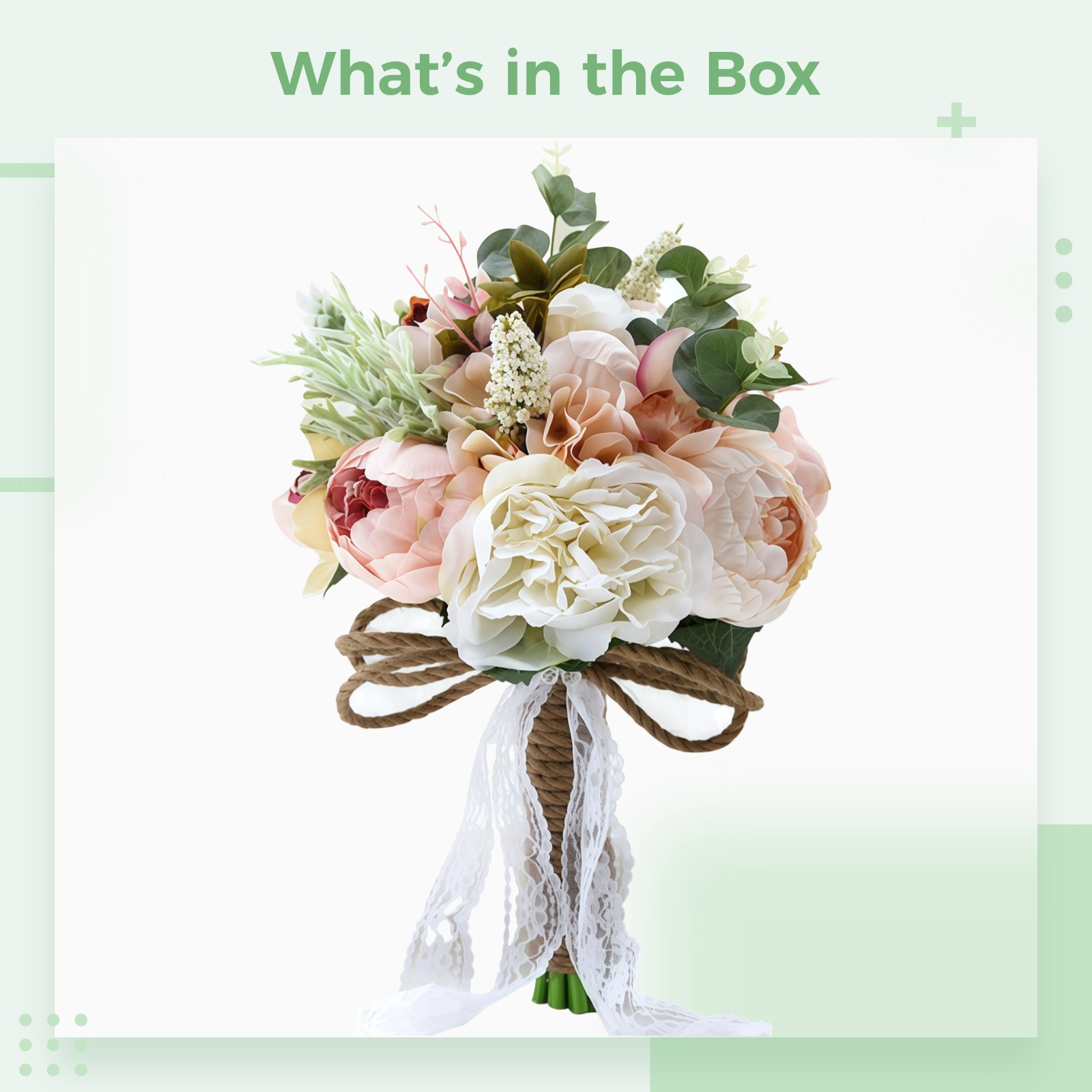Bride Bouquets for Wedding, Artificial Silk Flower Bouquets, White Pink Bridal Bouquets with Green Leaves and Lace Handle, Classic European Style