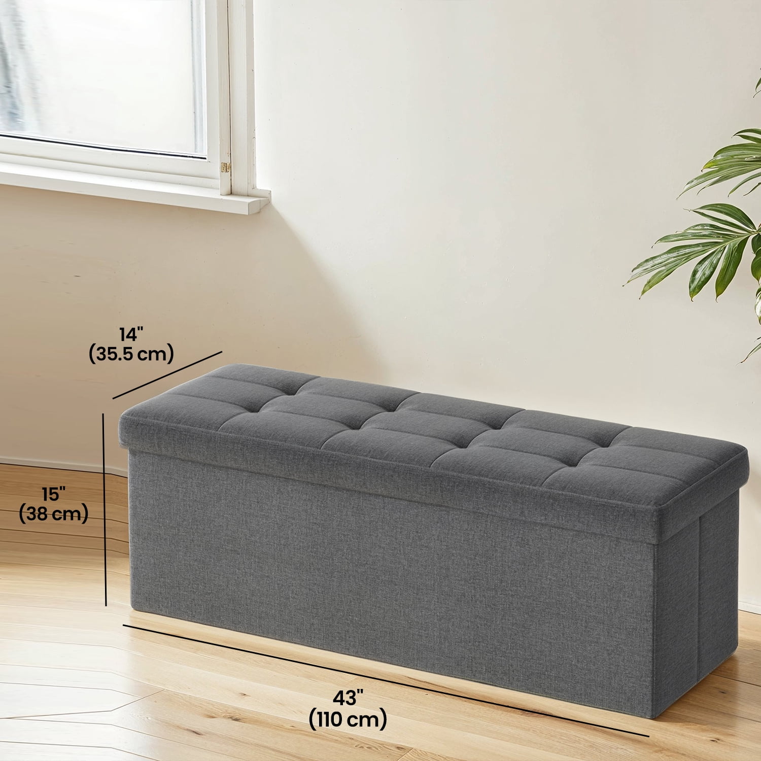 LEDREM 43" Foldable Storage Ottoman Bench with 660lb Capacity, Ottoman with Storage, Footrest, for Living Room, Bedroom, Dark Gray