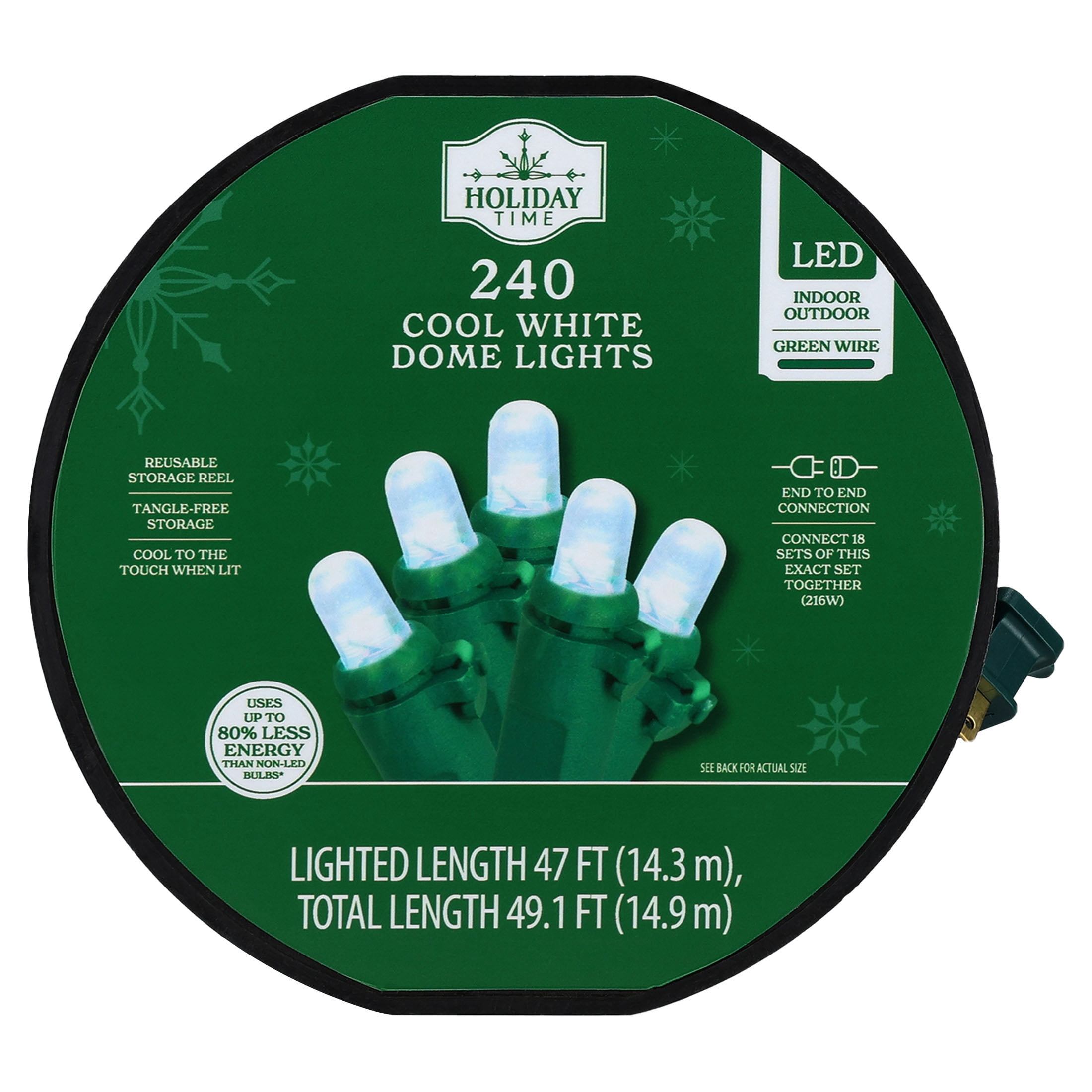 Indoor/Outdoor 240-Count LED Dome Christmas String Lights, Cool White, Green Wire, 47', by Holiday Time