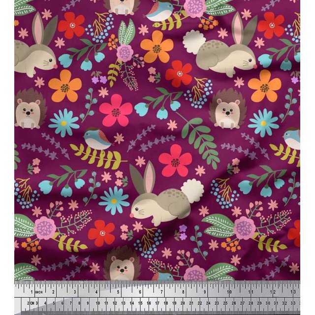 Soimoi Poly Georgette Fabric Floral,Rabbit & Porcupine Cartoon Printed Craft Fabric by The Yard 42 Inch Wide