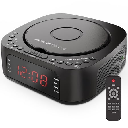 CD Player Alarm Clock with Remote:CD/MP3,Bluetooth,FM Radio with Speakers,USB Charger and Dimmable Display for Bedroom-Dual Alarm with Optional Sound Suitable for Heavy/Light Sleeper