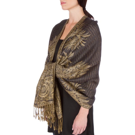 Sakkas 70" x 28" Big Paisley Jacquard Layered Woven Pashmina Shawl / Wrap Stole - Charcoal