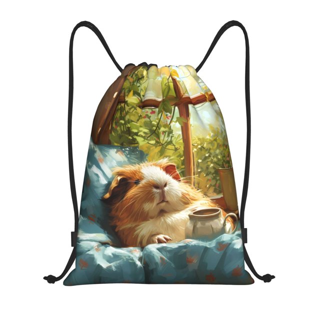 Xecao Lazy Home Style Guinea Pig Pattern Sports Drawstring Backpack - String Swim Gym Bag with Wet Proof Pocket for Women&Men-Small