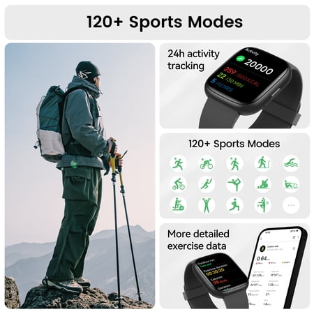 Smart Watch Fits for Android and IPhone, Smartwatch for Women Men with Alexa Built-in, 1.83" HD Touchscreen Fitness Tracker 120 Plus Sports Mode, Smart Watch with Bluetooth Call, IP68, for Gift Black