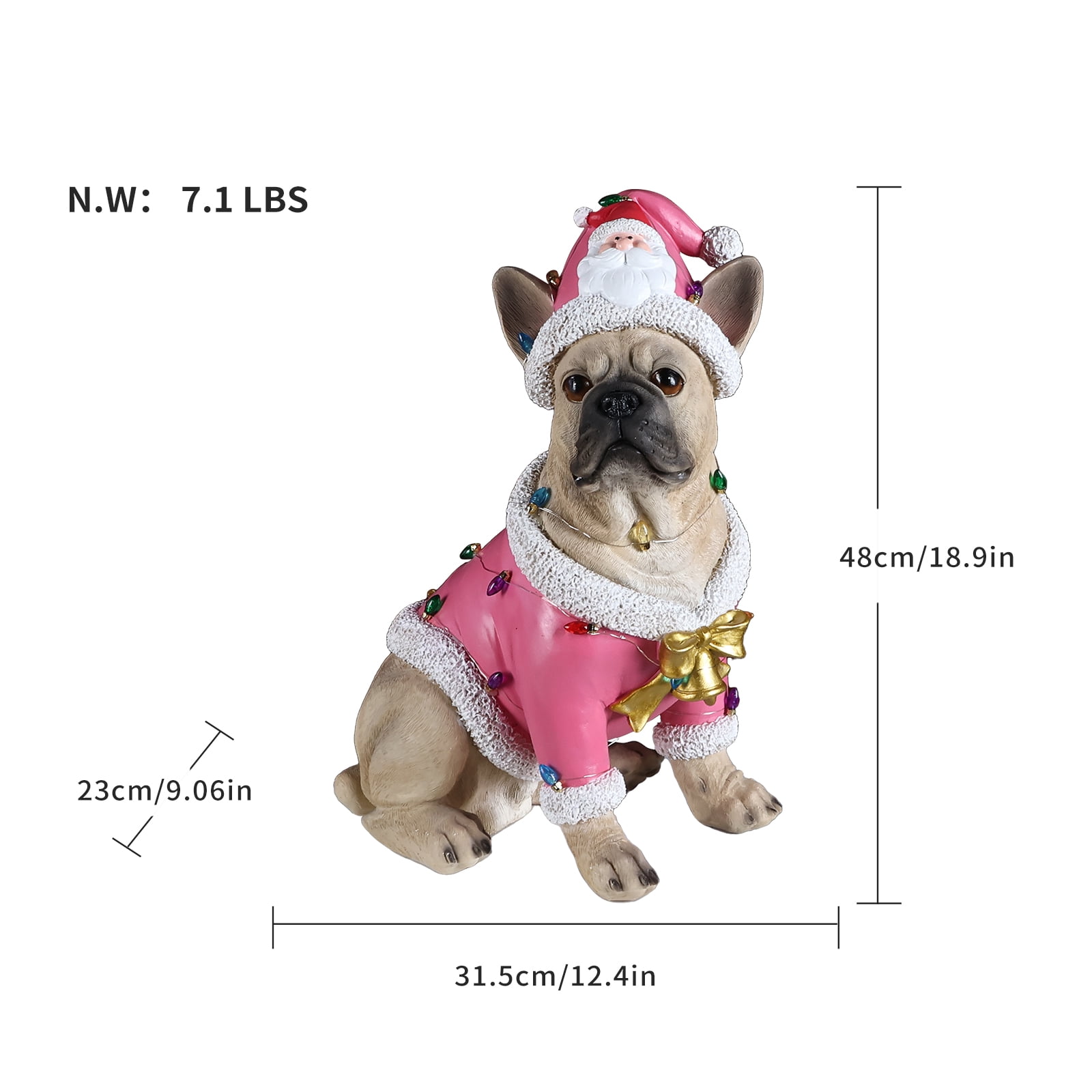 French Bulldog Pink Santa Outfit Christmas Dog Statue with Gold Bow Holiday Tabletop Decor