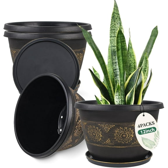 4 Pack 12 inch Plant Pots, Retro Pattern Planters with Drainage Holes and Saucer, Sturdy Plastic Garden Flower Pots for Indoor & Outdoor Plants