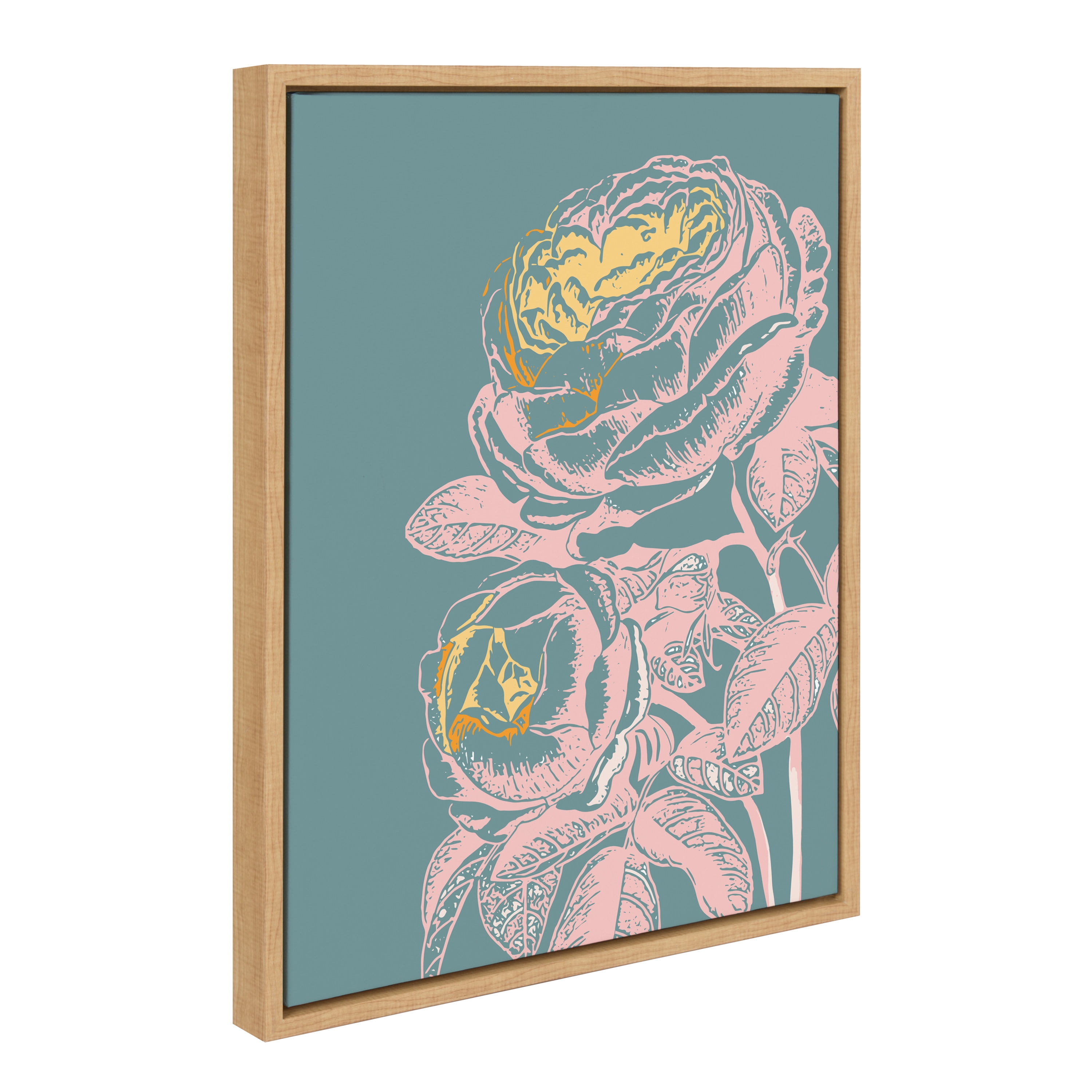 Kate and Laurel Sylvie Floral in Teal Framed Canvas Wall Art by Apricot and Birch, 18x24 Natural, Vintage Floral Art for Wall