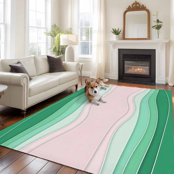 Abstract Lines Area Rugs 5x7 ft Green Pink Waves Modern Style Simple Washable Rug Non Slip Indoor Carpet Absorbent Floor Mat for Living Room Bedroom Dining Room