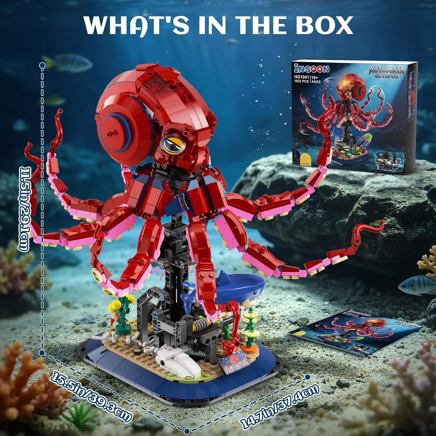 TERRAMUS Set de Construcción de Pulpo Mecánico, 1031 Piezas Kit de Bloques de Animal Oceánico Autómata Móvil con Soporte de Exhibición de Aguas Profundas para Niños de 12+ Años 7