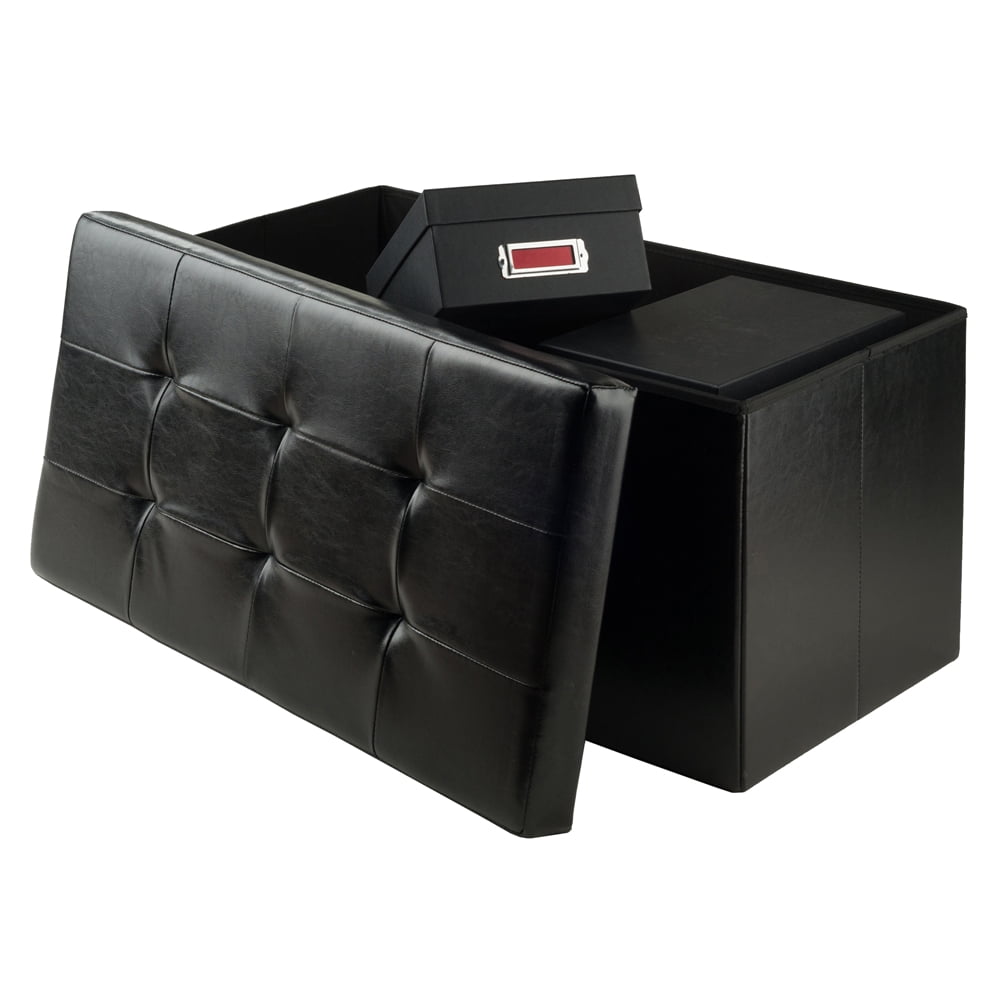 Winsome Wood Ashford Rectangular Storage Ottoman, Black Faux Leather