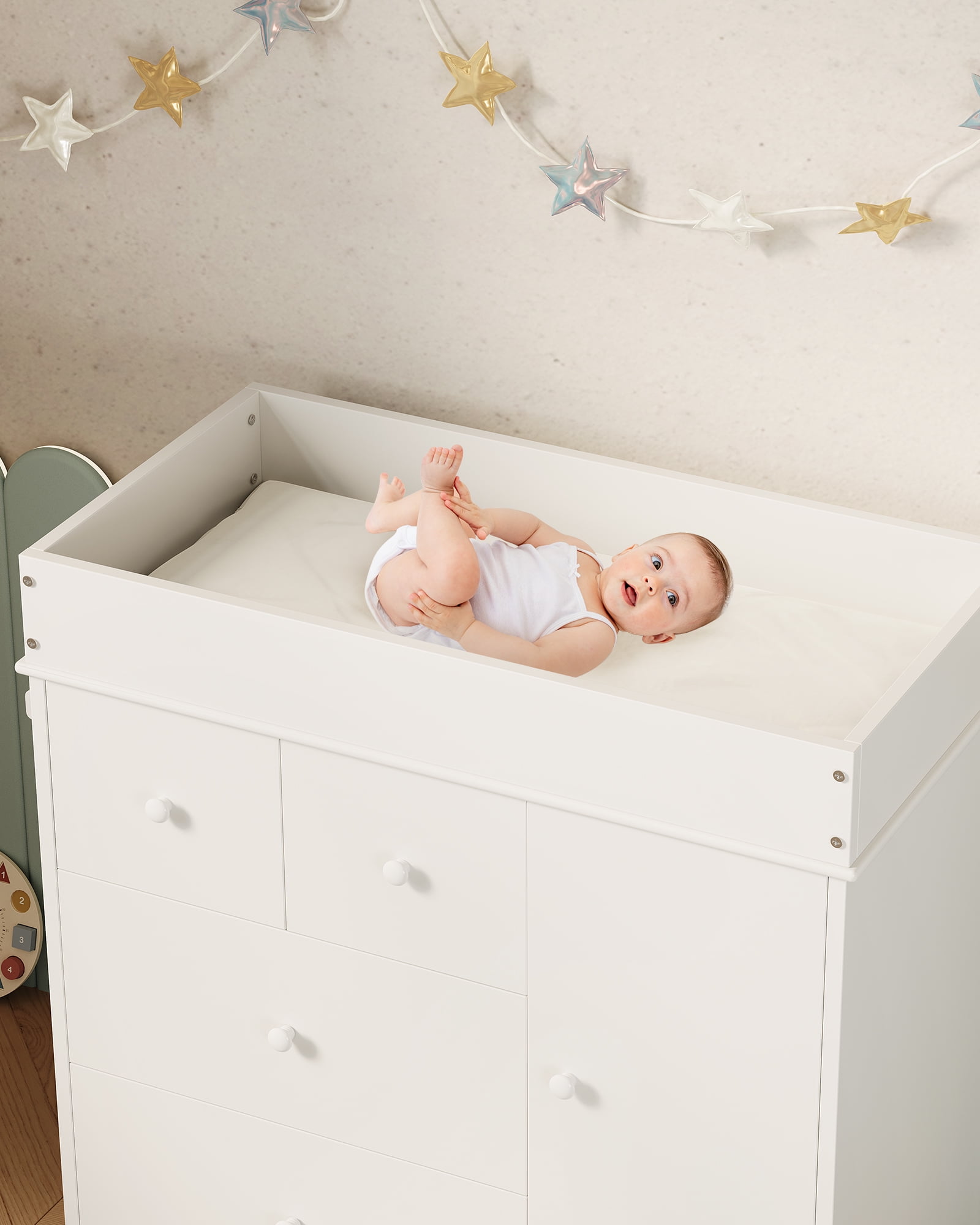 Roromall Baby Dresser with Changing Table Top, 4 Drawers Nursery Dresser with Door, Infant Diaper Changing Station Baby Cloth Organizer for Nursery and Bedroom