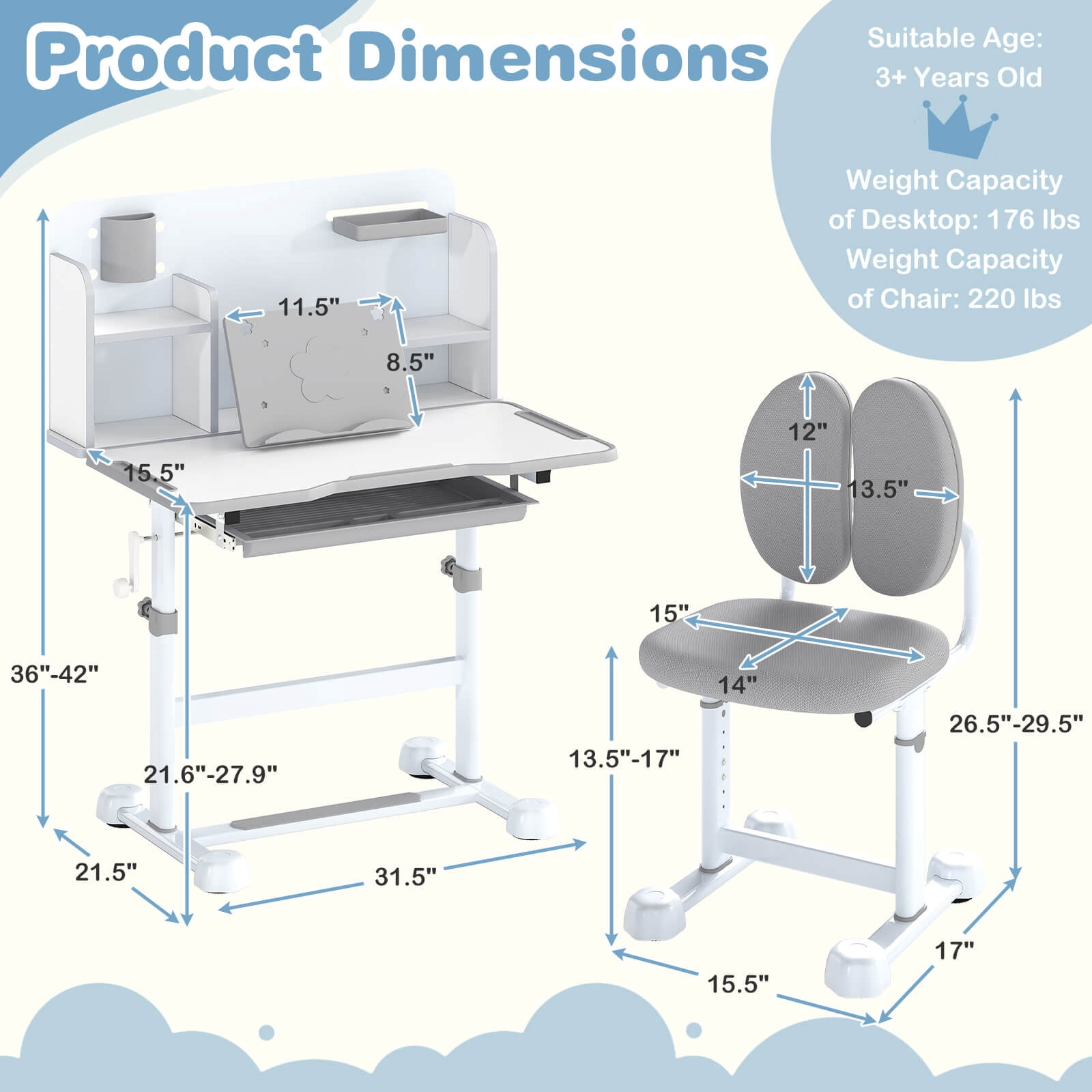 Costway Kid’s Study Desk & Chair Set with Tilt Desktop, Pen Holder & Tray, Reading Stand Gray