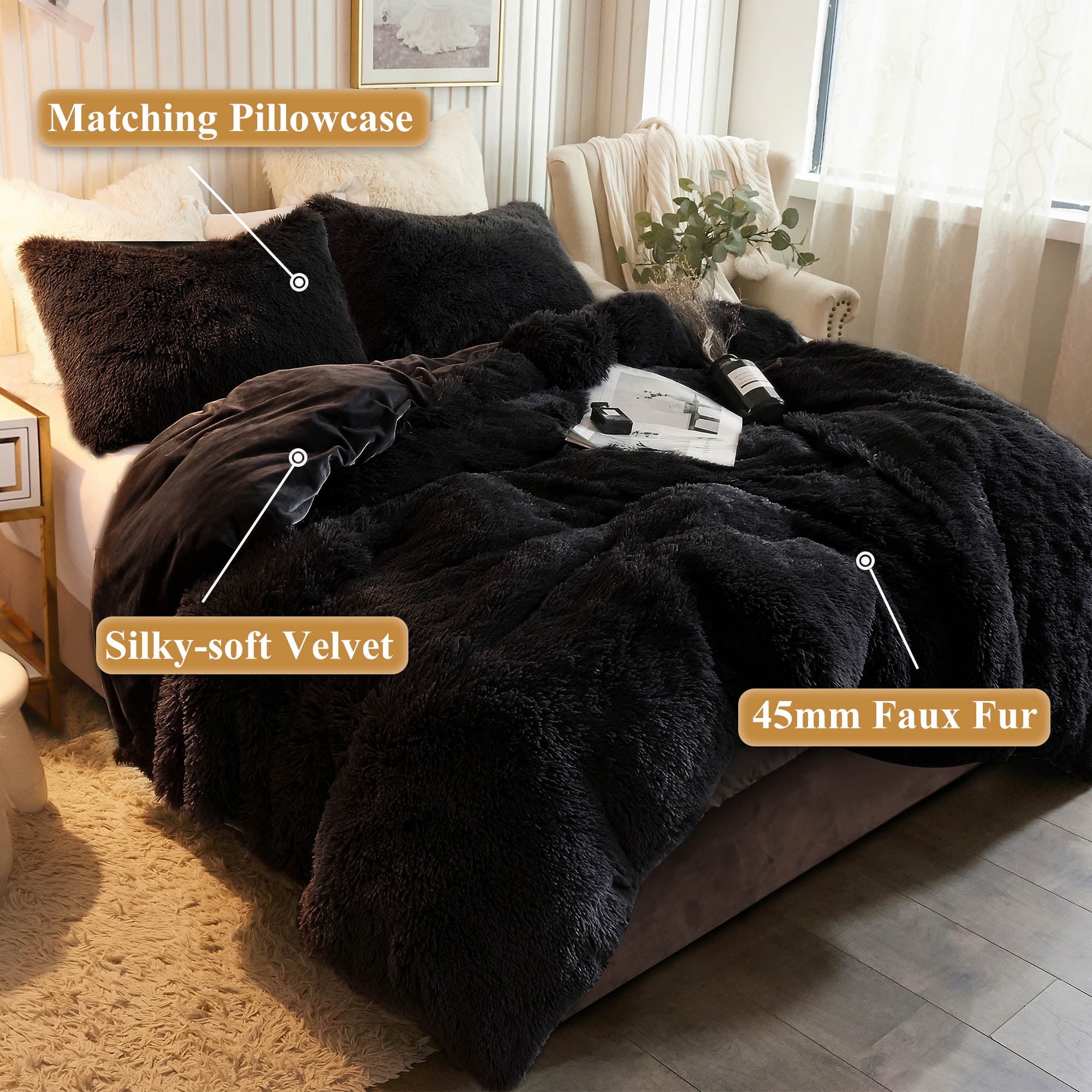XeGe 3 Pieces Furry Plush Duvet Cover Set, Black Faux Fur Comforter Cover Set, Luxury Soft Velvet Fuzzy Fluffy Bedding Set, Shaggy Duvet Cover with 2 Pillow Covers, Zipper Closure, Queen Size, Black
