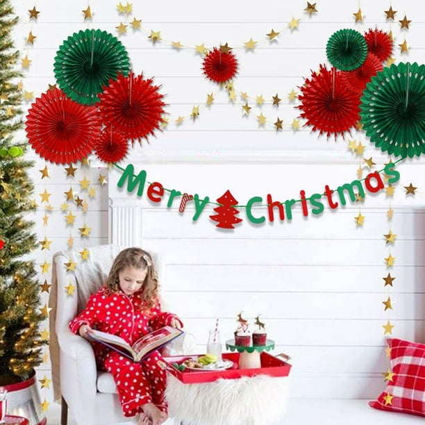 KSCD Rouge Vert Kit de Décoration de Fête de Noël Décor à Suspendre Papier  de Soie Ventilateur Pompon Or Étoile Garland Streamer Toile de Fond pour  Noël Anniversaire Mariage KSCD - - 