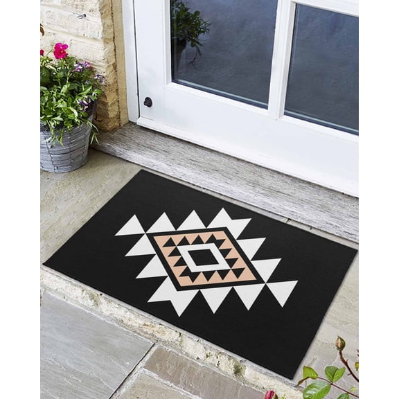 Front Door Mat Indoor Outdoor Abstract Aztec Tribal on Black Non-Slip Doormat Low Profile Patio Porch Entryway Rug 24x32in Retro Western Ethnic Geometric