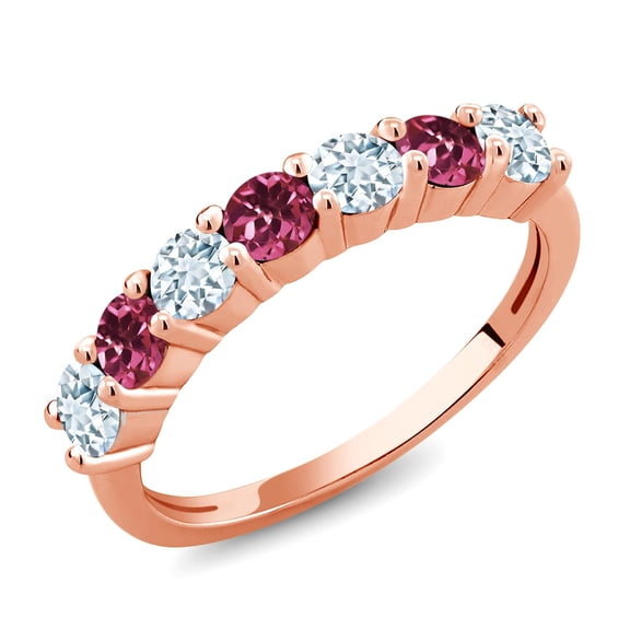 Gem Stone King 18K Rose Gold Plated Silver Round Sky Blue Aquamarine Pink Tourmaline Anniversary Ring for Women (1.13 Cttw, Gemstone Birthstone, Size 7) (Size 7)