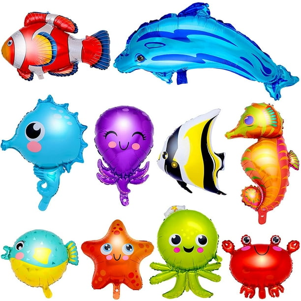 10 Pieces Ocean Animals Foil Balloons Large Ocean Animals Balloons Cartoon  Fish Balloons Foil Balloons for Boys and Girls Birthday Ocean Themed Party