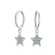 American Patriotic Celestial Rock Star Dangle Charm Sparkling Pave CZ Stars Huggie Hoop Kpop Earrings for Teen Unisex Women 925 Sterling Silver