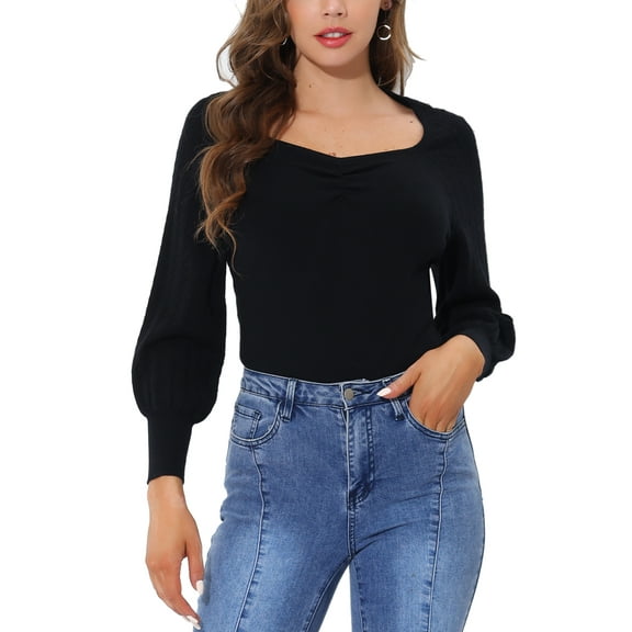 INSPIRE CHIC Women's Ruched Sweetheart Neck Lantern Sleeve Ribbed Knit Slim Blouse Black S