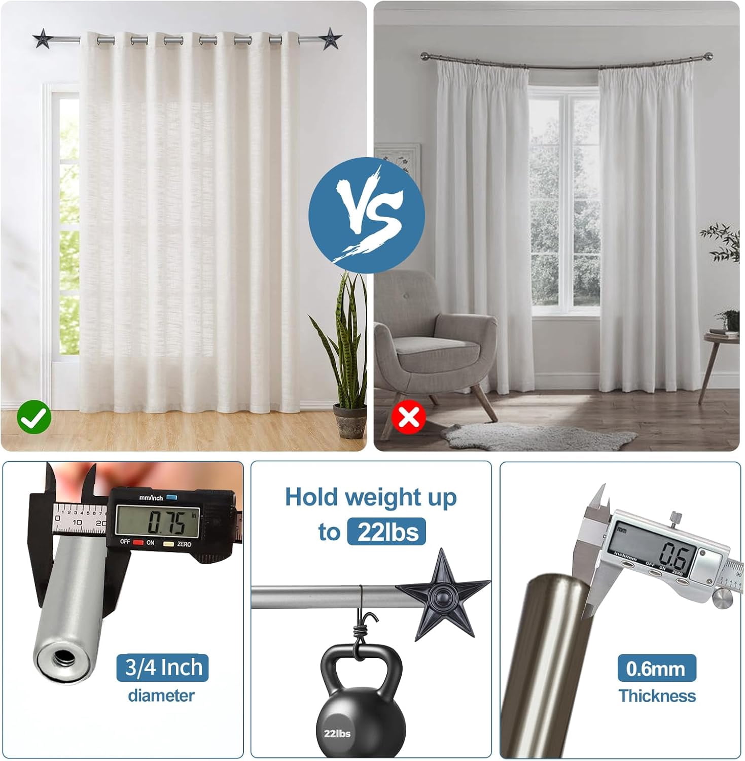 Urbanest Adjustable Single Curtain Rod Set With Blue Star Finials – 3/4-Inch Diameter, With Pewter Rod, 28–48 Inches