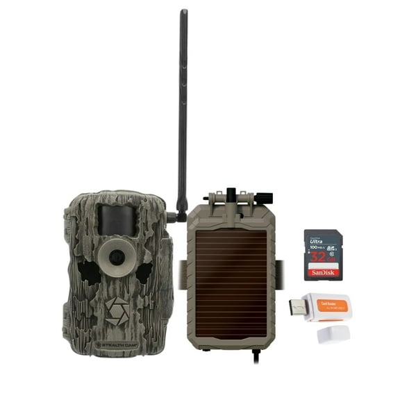 Stealth Cam 36MP Fusion Max Cellular Trail Camera with 80 Feet Detection Range Bundle with Battery Pack, Solar Panel, and Cable, 32GB Memory Card, and Card Reader (4 Items)