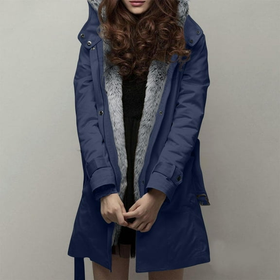 Azrian Inner Plush Women's Windbreaker Hooded Mid Length Three Piece Thick Collar Coat Solid Cotton Coat Windbreaker Parka