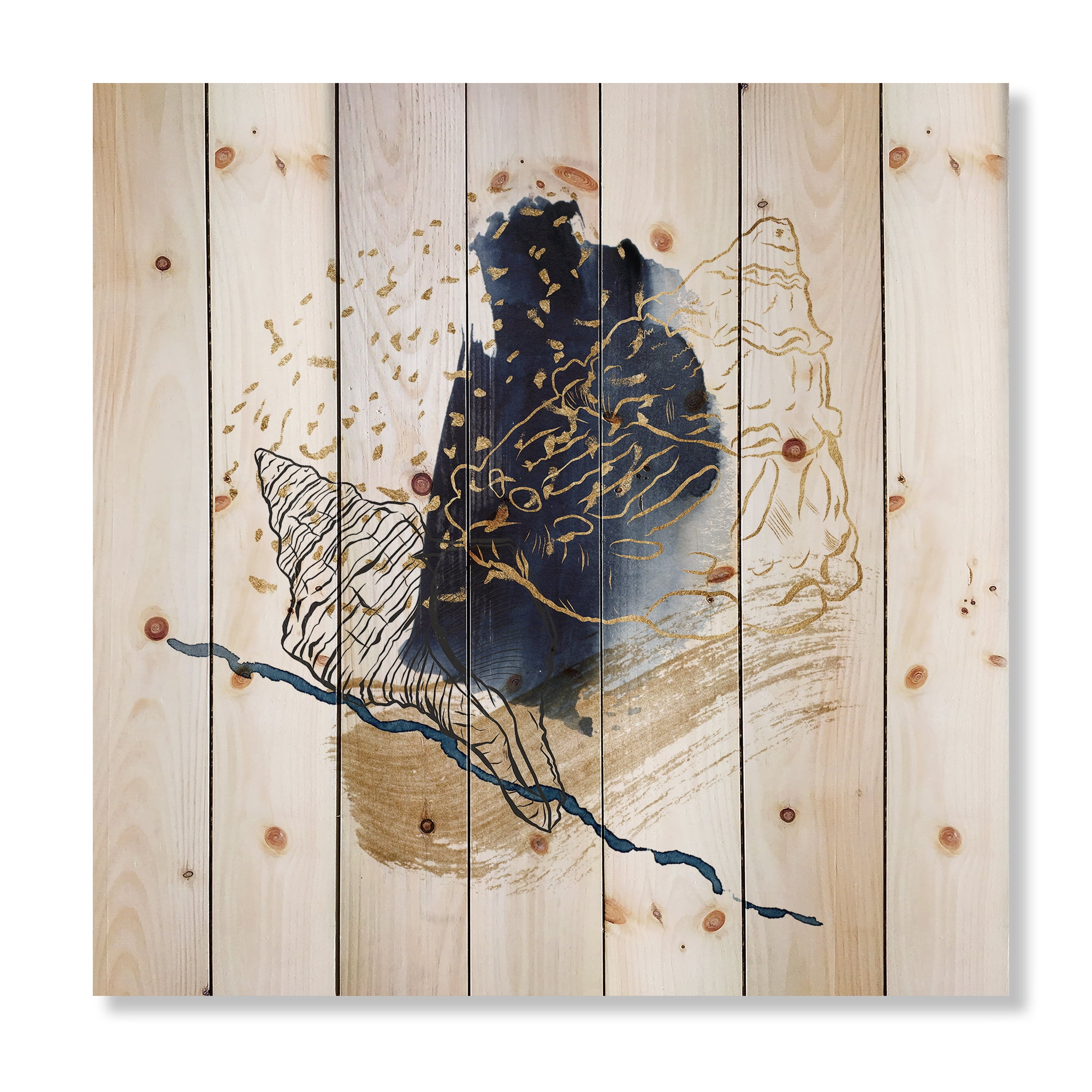 Designart 'Underwater Marine Life With Gold Shell Line Art' Farmhouse Print on Natural Pine Wood
