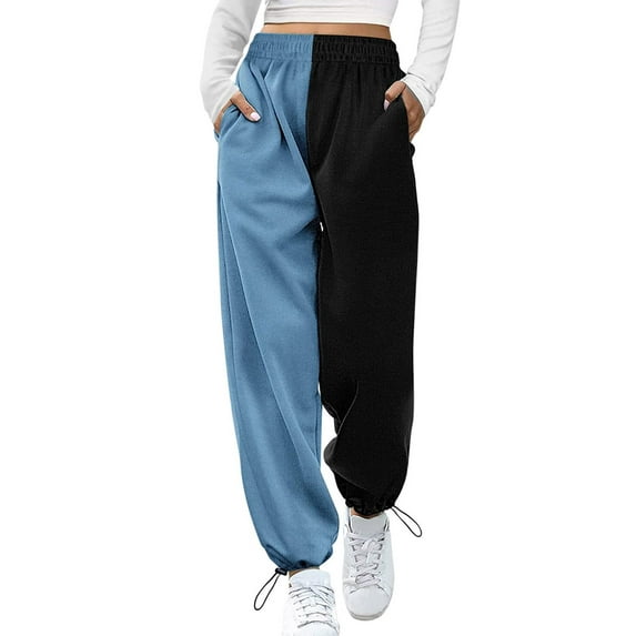Biekopu Women Color Block Sweatpants Baggy High Waisted Jogger Pants Y2k Trendy Lounge Trousers with Pockets