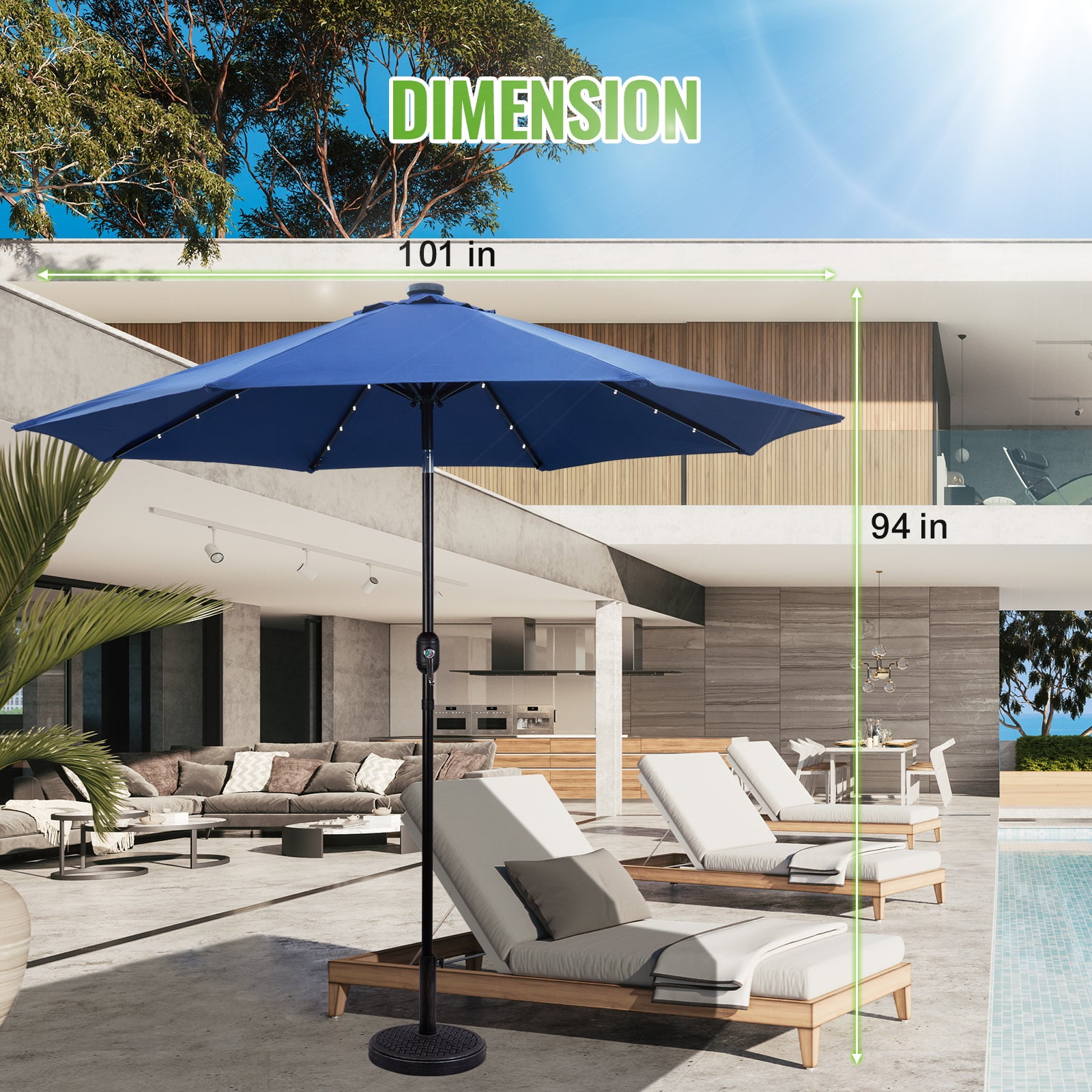 Backyard Expressions 9ft Solar Patio Umbrella with 32 LED Lights – Outdoor Market Umbrella with Tilt & Crank, Solar-Powered Lighting, Water-Resistant Fabric for Patio, Deck, Garden, Pool