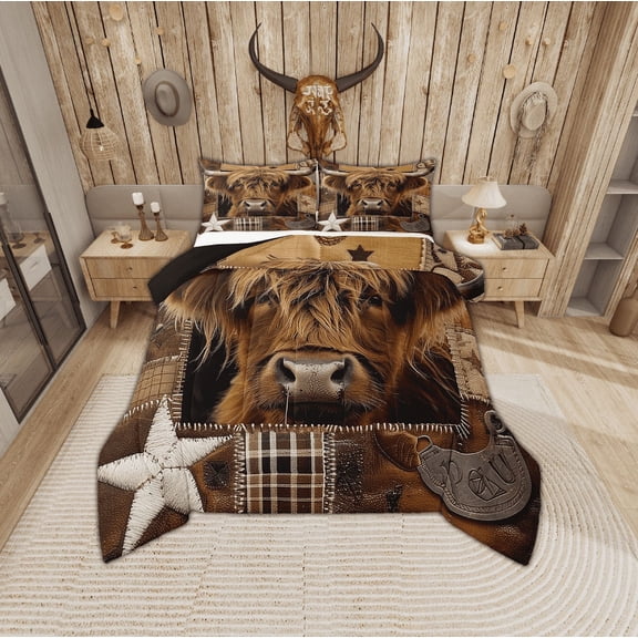 Erosebridal Cute Highland Bull Bedding Sets Twin with Comforter, Southwestern Cowboys Duvet Insert, Brown Farmhouse Decoration, Reversible 2 Pieces