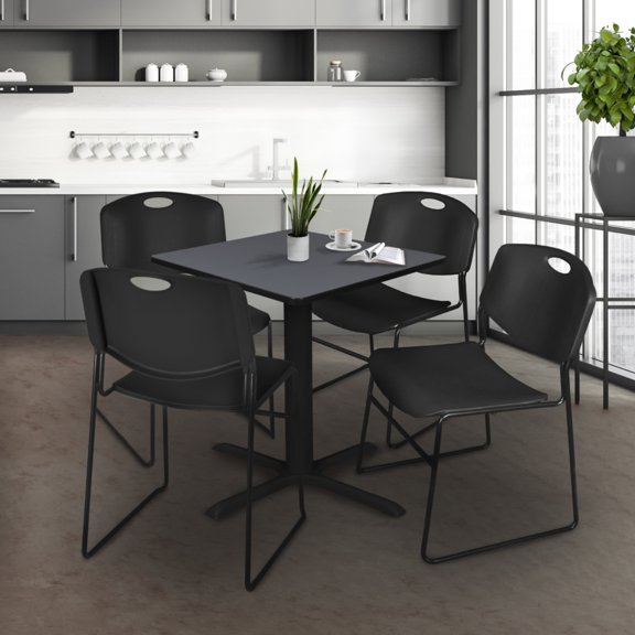 Regency Cain Small 30 in. Square X-Base Breakroom Table- Grey & 4 Zeng Stack Chairs- Black