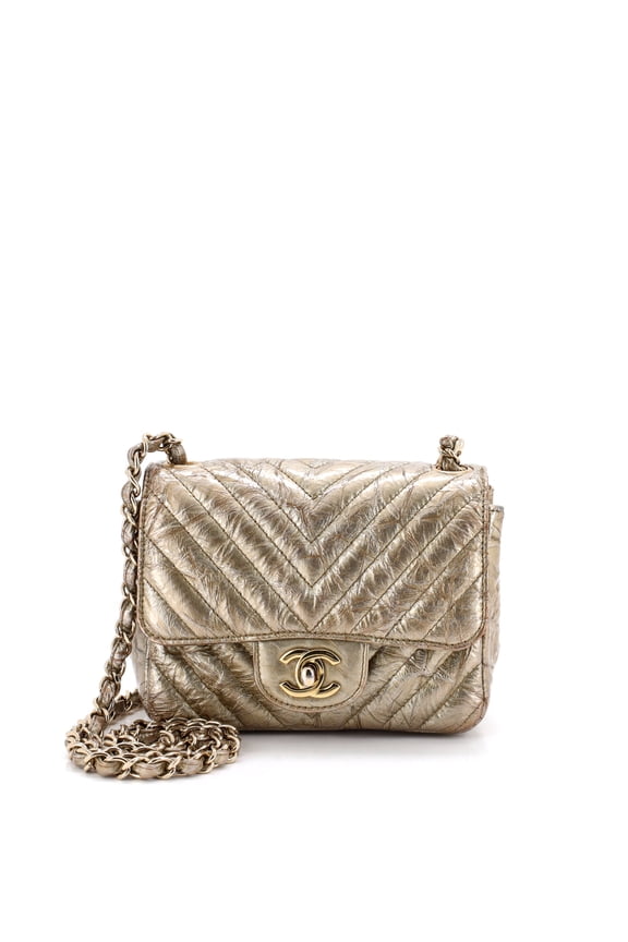 Pre-Owned Square Classic Single Flap Bag Chevron Crumpled Metallic Patent Mini By Rebag