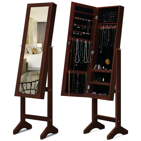 Floor Mirror Cabinet - Kingbird Mirror Jewelry Cabinet Armoire Free Standing Floor Lockable Jewelry Organizer for Long Necklaces, Rings, Earrings and Studs (Brown)