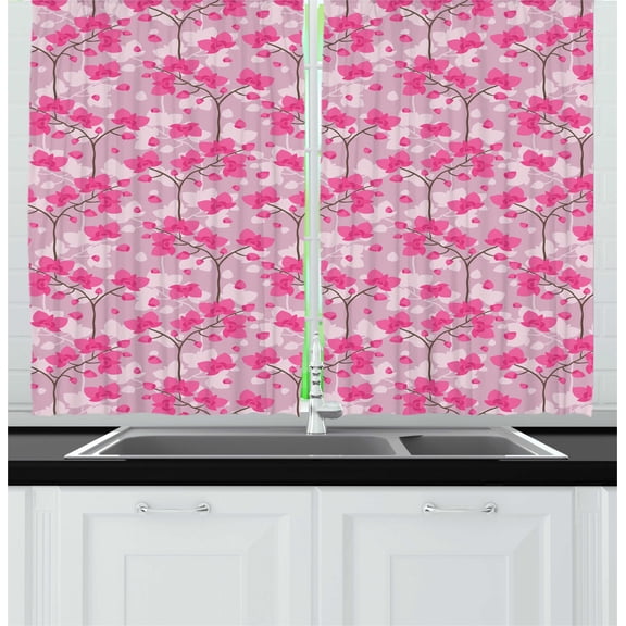 Floral Kitchen Curtains, Graphical Designed Pinkish Orchid Flowers Twigs Shadowy Monochromatic Composition, Two Panels Drapes with Rod Pocket Room Decor, 55" X 45", Blush Pink, by Ambesonne