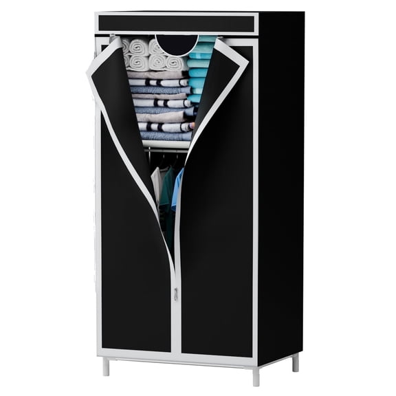 Portable Closet Organizers and Storage with Hanging & Folding Sections, Space-Saving Wardrobe Closet Organizer, Full-Cover Dustproof Hanging Clothing Rack for Bedroom, Apartment, Dorm, Black