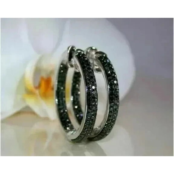 2.30Ct Round Cut Simulated Black Diamond Women's Enagagement Gift Hoop Earrings 14K White Gold Plated
