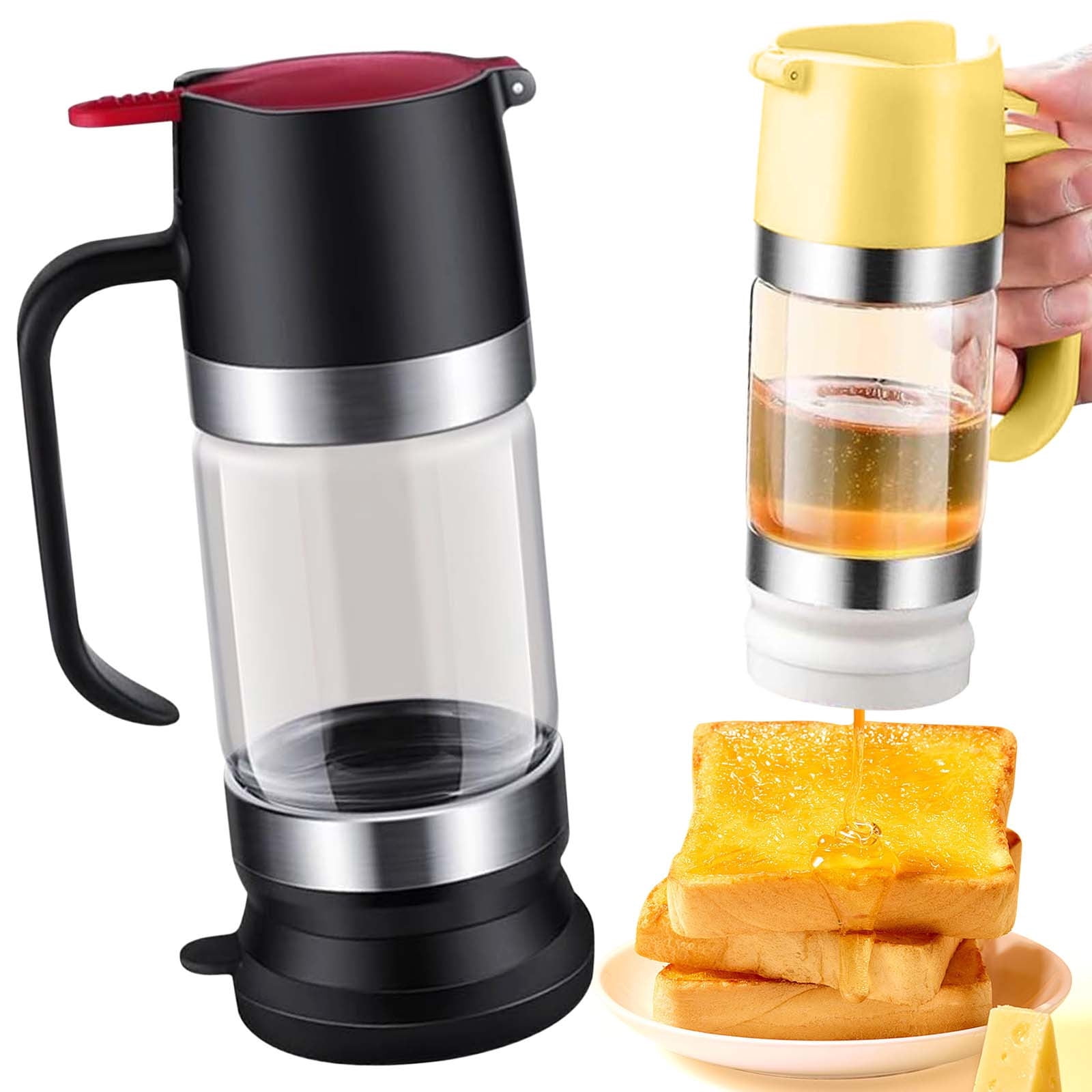 350ml Honey Dispenser High Borosilicate Glass Bottle with Press Top, Glass Syrup Bottle with Drip Free Spout, Kitchen Condiment Dispenser for Oil Maple Syrup, Sauce Bottle with Lid