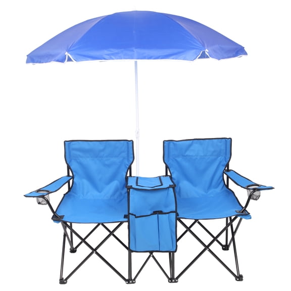 YINGYUE Blue 2-Seat Portable Folding Outdoor Chair with Removable Sun Umbrella Steel Oxford Double Seat Beach Camping Fishing Loveseat with Carry Bag
