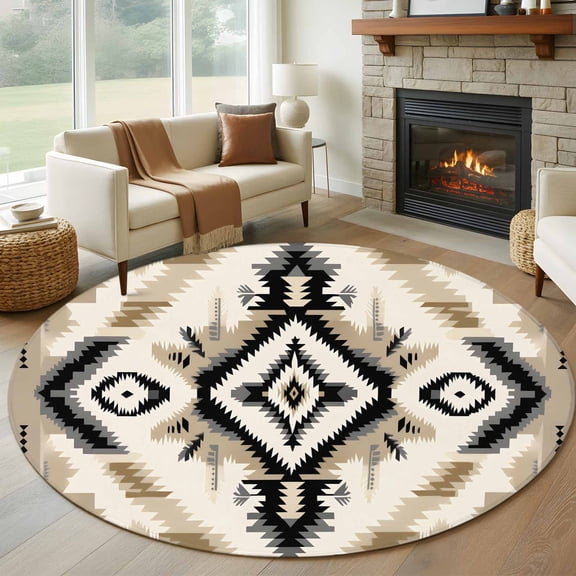 Boho Black Brown Round Area Rug 5 FT, Non Slip Bedroom Area Rug, Southwestern Geometric Ethnic Retro Washable Soft Circular Carpet Non-Shedding Floor Mat for Kitchen Dining Room Foyer Balcony Dorm