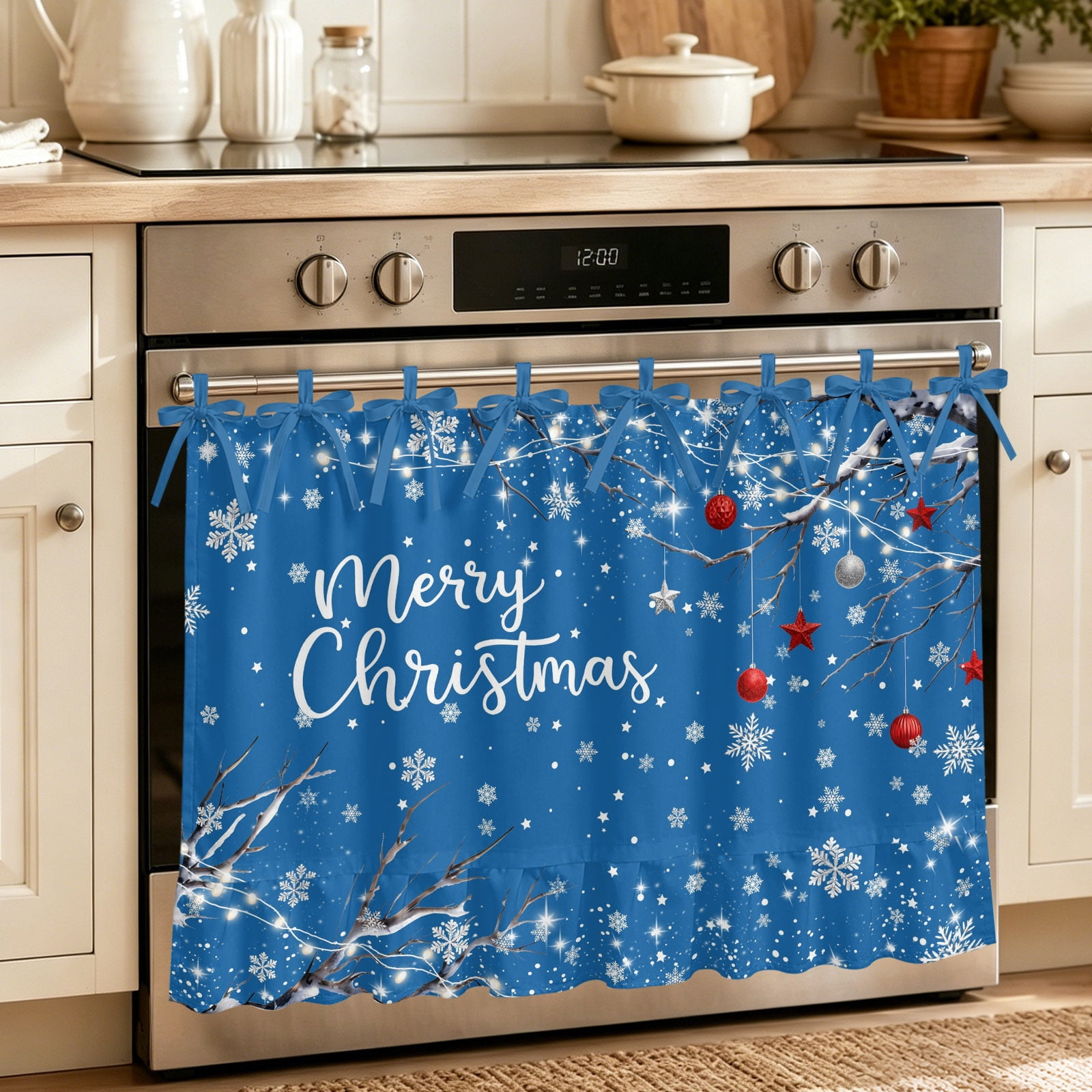 Oven Curtain for Kitchen Merry Christmas Winter Snowflake Stove Curtain With Ruffled Trim Dishwasher Curtains Tree Branch Lights Blue Oven Skirt 30 x21.5